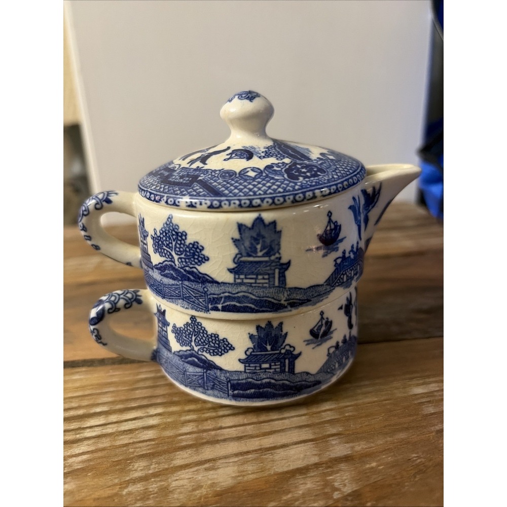 Vintage Stackable Creamer And Sugar Bowl Blue Pattern Unmarked